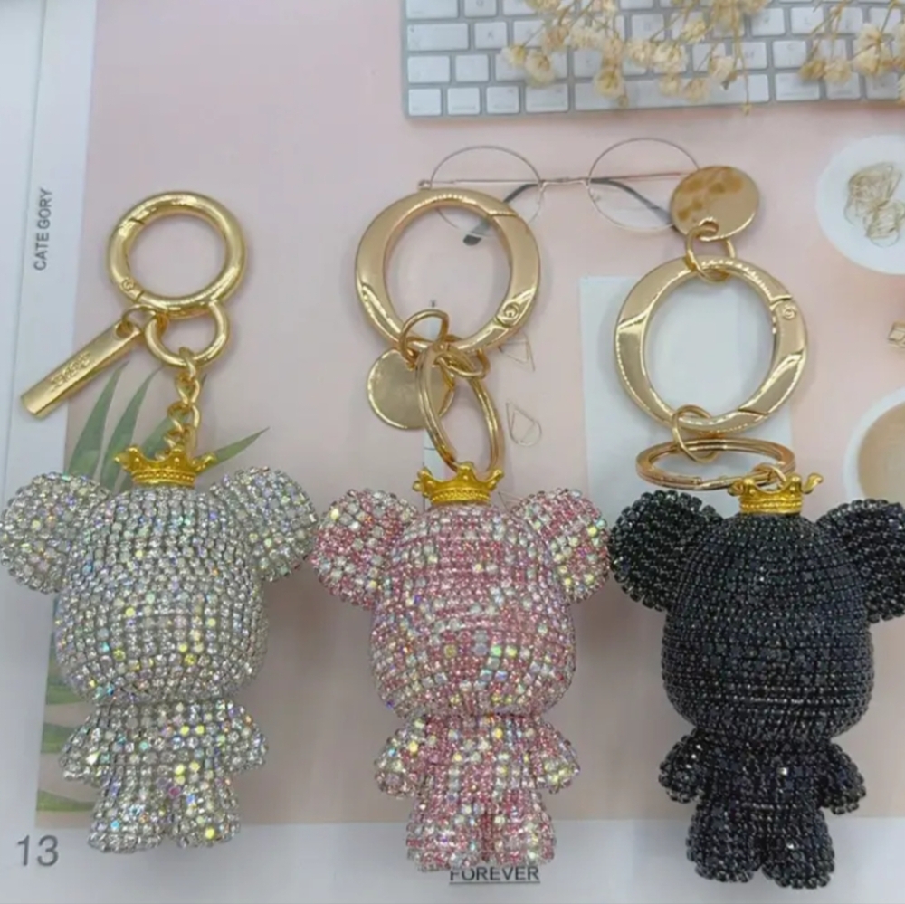 Rhinestone Covered & Crowned Bear Keychain, Bag Charm, Multiple Colors